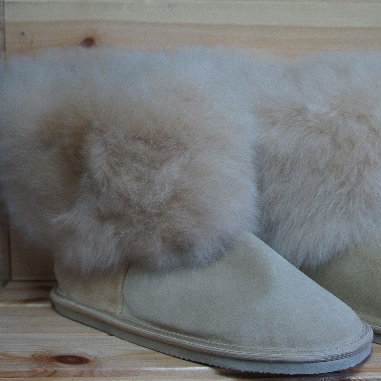 Premium Fell-/fur Hüttenschuhe/solid slipper TAMPERE, Farbe/colour: beige, Größe/size: XS